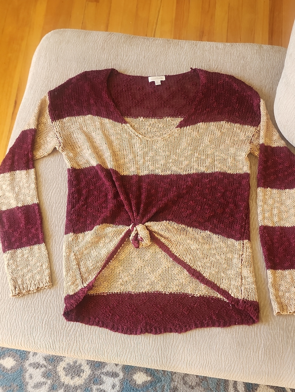 Charming Charlie Burgundy and Cream Striped V-Neck Tie-Front Sweater Size L